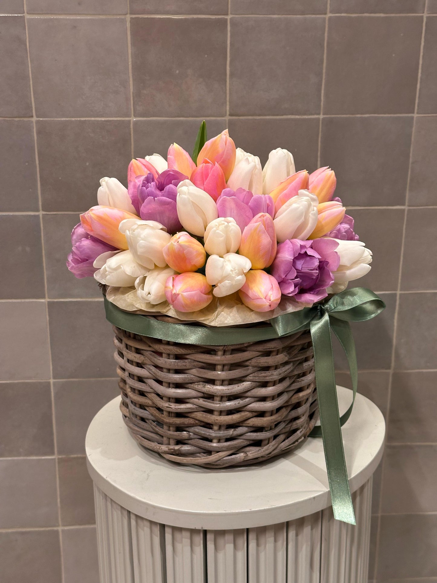 Basket of mixed tulips