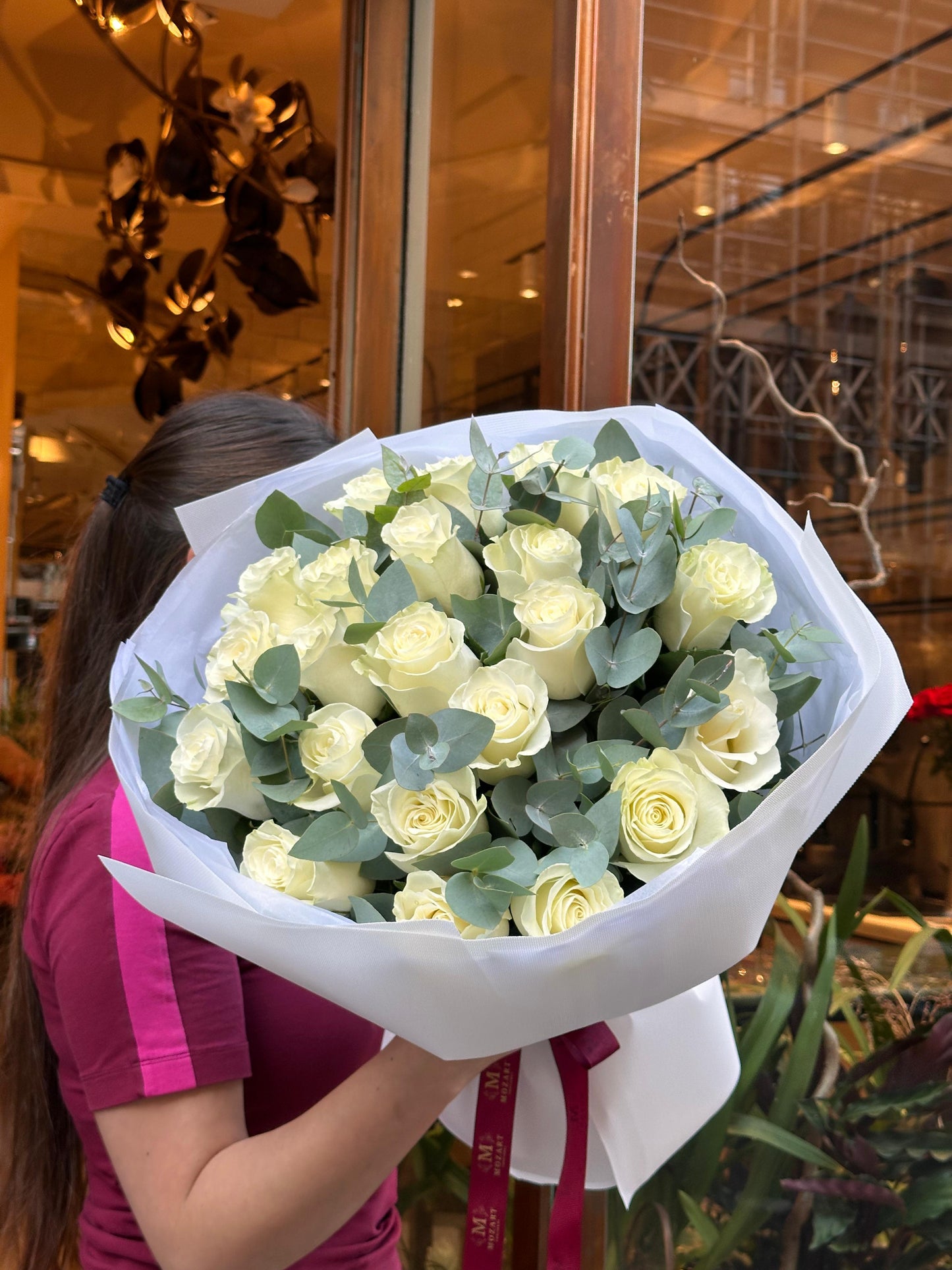White Serenity — 21 White Roses & Eucalyptus